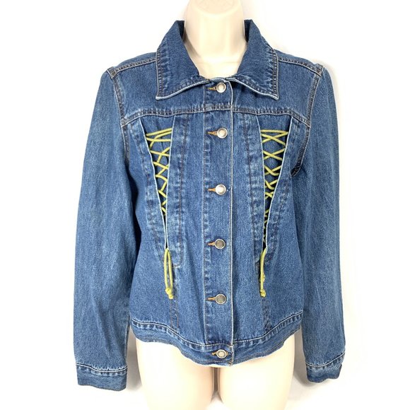 3/$25 Faded Glory Lace Up Denim Jean Jacket Lace-up Front Details Large - Picture 1 of 10